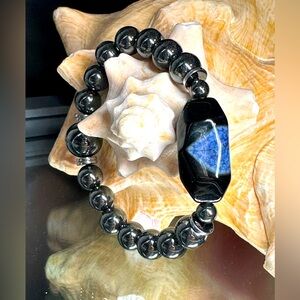 GUNPOWDER HEMATITE +  AGATE NATURAL STONES BRACELET size 7”